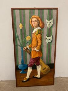 Pintura a óleo sobre tela “Homenagem a Watteau” Menino fantasiado. L. Palermo 1981 medidas 123 x 63 cm